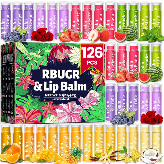 126 Pcs Lip Balm Bulk, 12 Flavored Pack of Lip Balms Pack Natural Moisturising Organic Lip Balm Set for Cracked Lips, Bulk Gifts Stocking Stuffers Party Favors(4.2g/0.15oz)