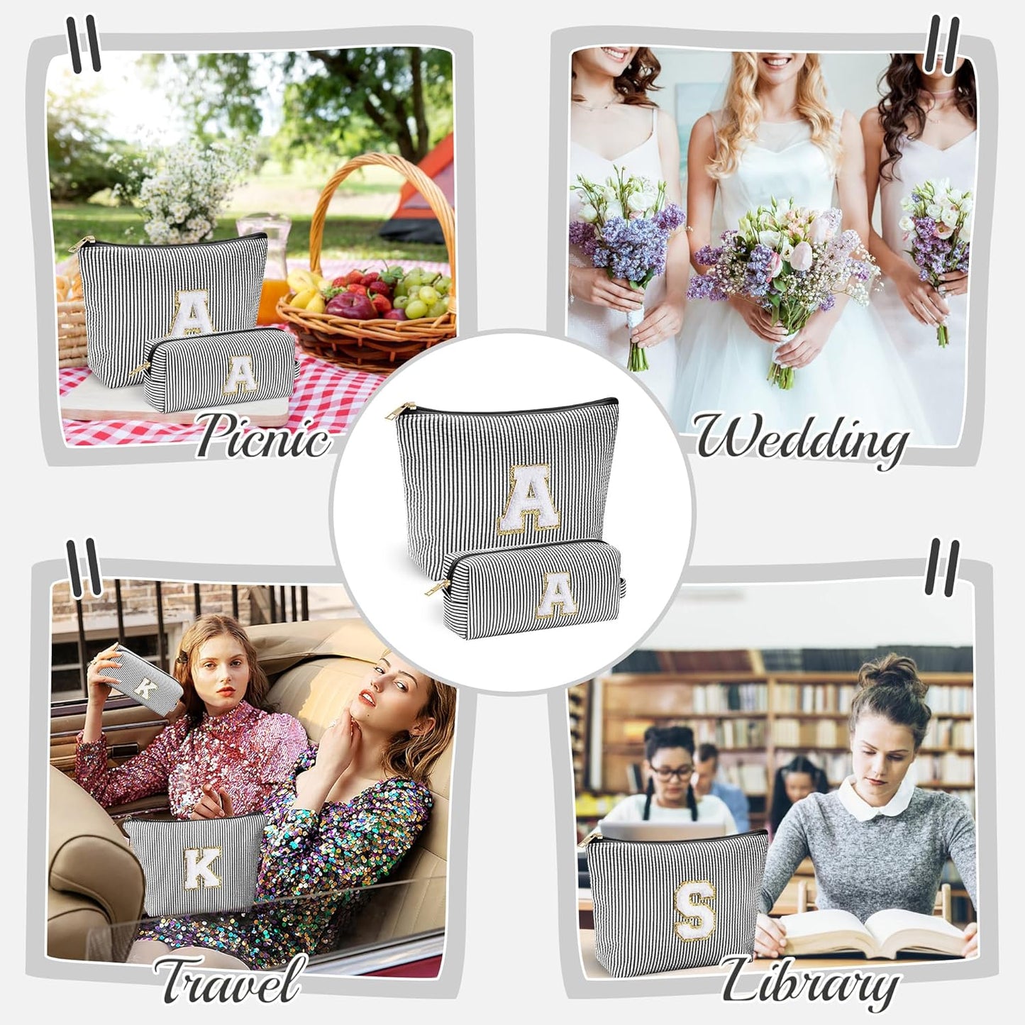 YOOLIFE Initial Makeup Bag - Personalized Monogrammed Travel Toiletry Bag, Perfect for Teens, Weddings, and Preppy Styles - Black