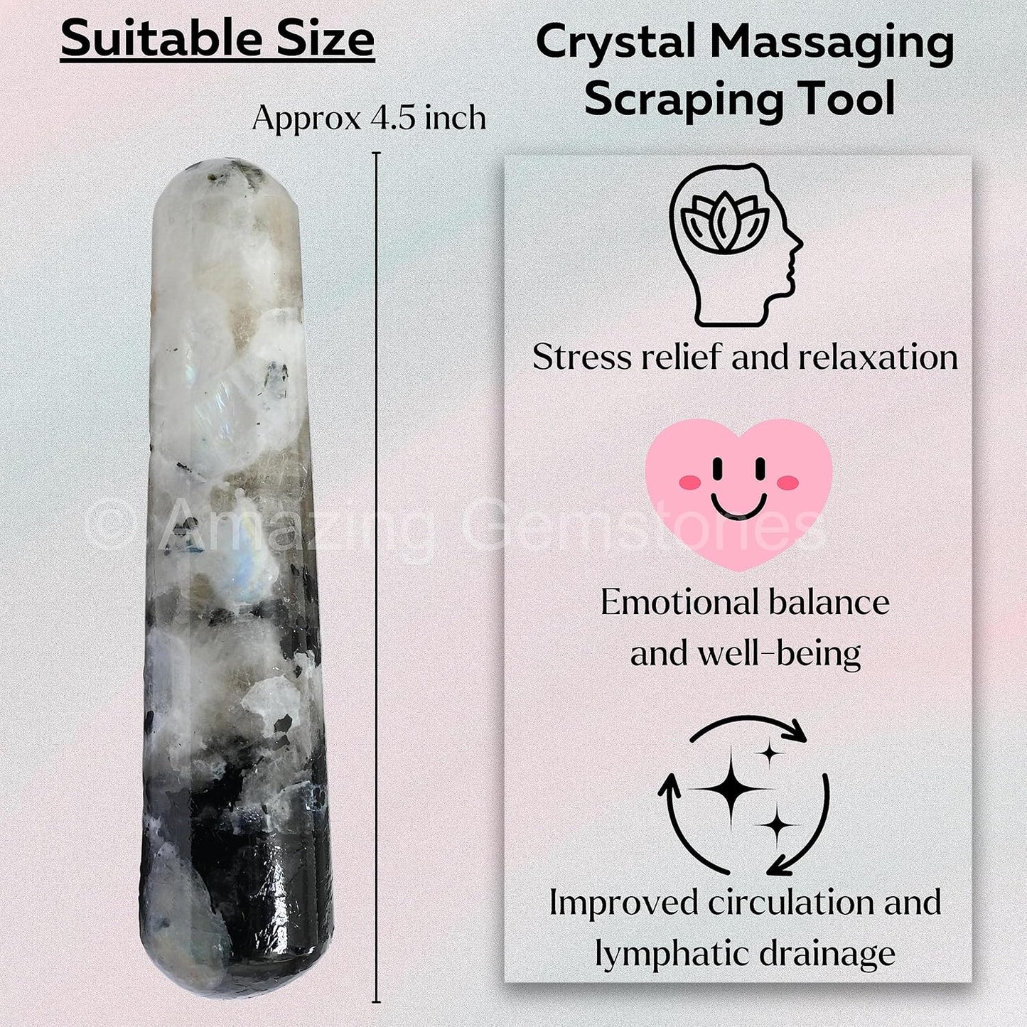 Amazing Gemstone Rainbow Moonstone Crystal Wand Massage Stick - Pelvic Wand Gua Sha for Adults - Crystals and Healing Stones Massage Wands for Adults Gifts (Smooth)